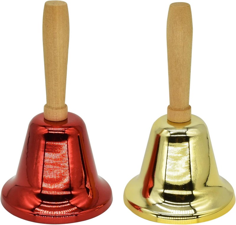 MACLARONX 2 Pcs Hand Call Bells Loud Hand Bells Metal Signal Ringing Bell Christmas Santa Bells with Handle for Service Dinner School Classroom Game Pets Wedding Party Animals, Brass Gold & Red - Image 1